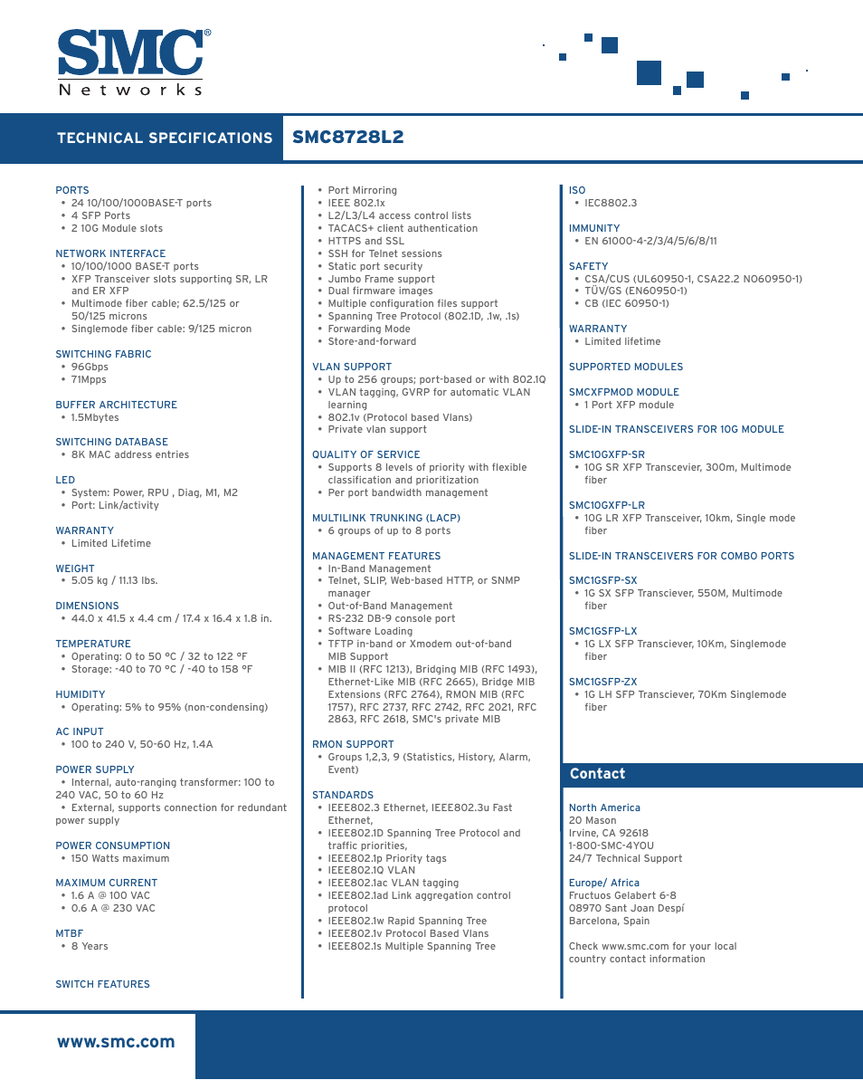 Technical specifications, Contact | SMC Networks SMC EZ Starter Kit 1000 User Manual | Page 2 / 2