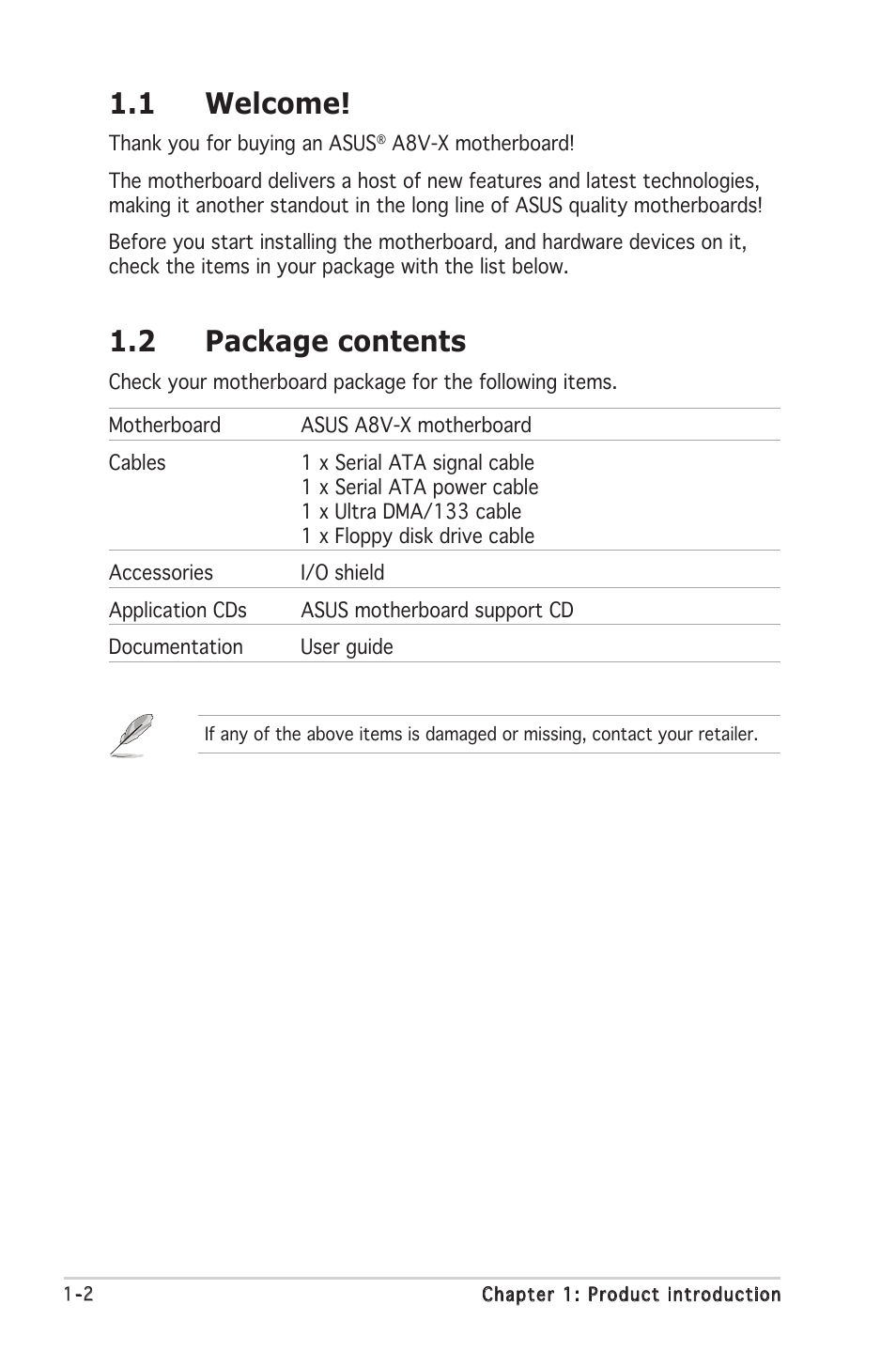 1 welcome, 2 package contents | Asus A8V-X User Manual | Page 14 / 86