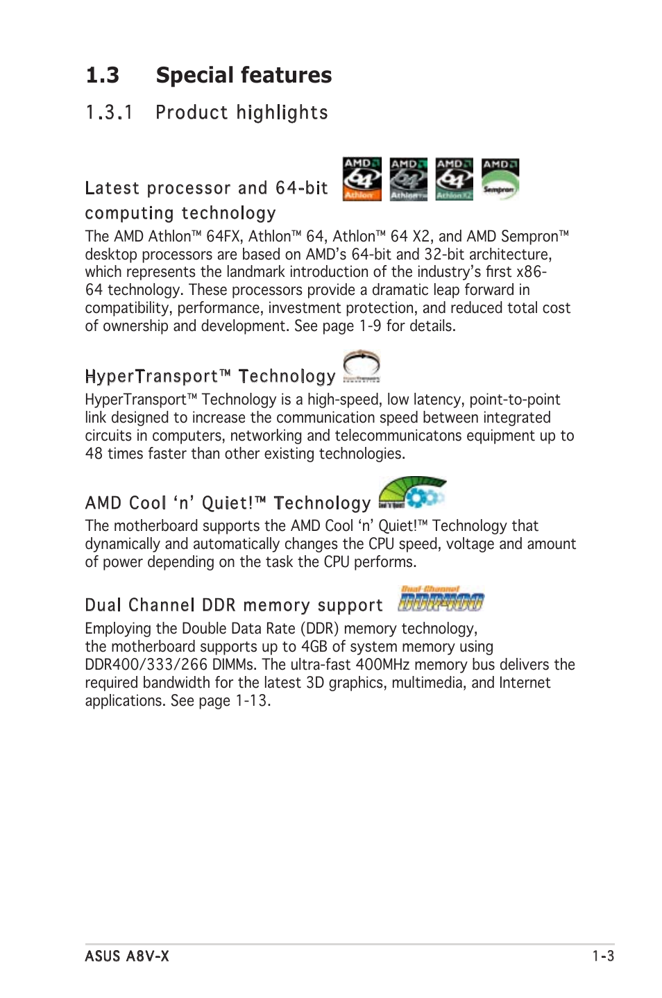 3 special features, 1 product highlights | Asus A8V-X User Manual | Page 15 / 86