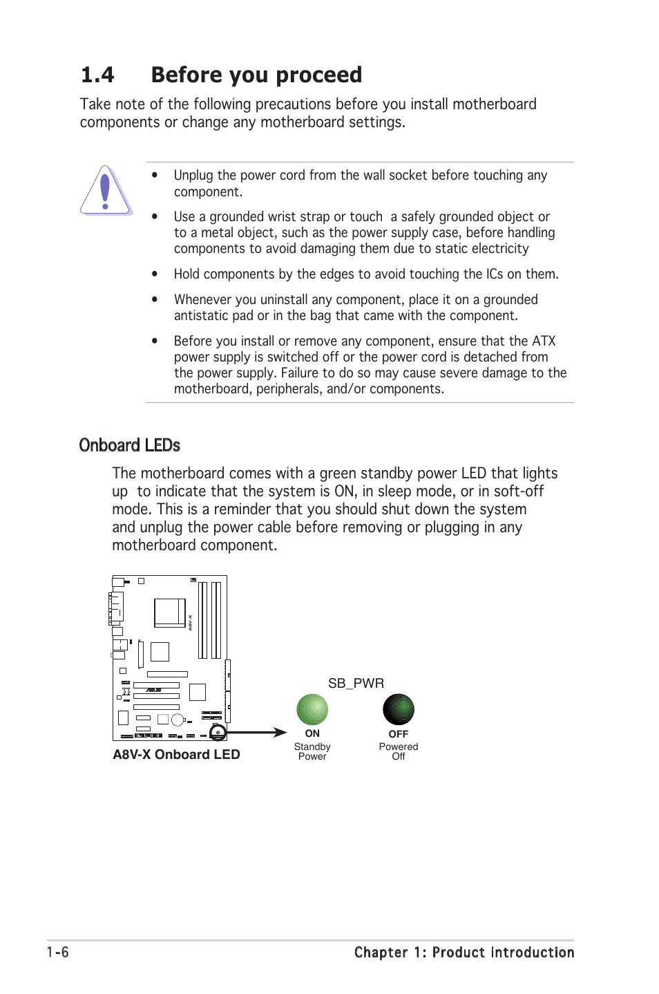 4 before you proceed, Onboard leds | Asus A8V-X User Manual | Page 18 / 86