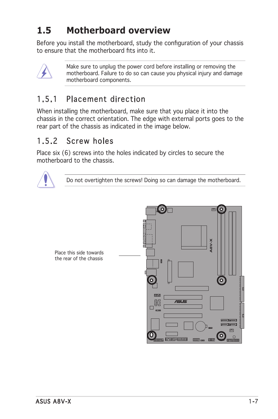 5 motherboard overview, 1 placement direction, 2 screw holes | Asus A8V-X User Manual | Page 19 / 86