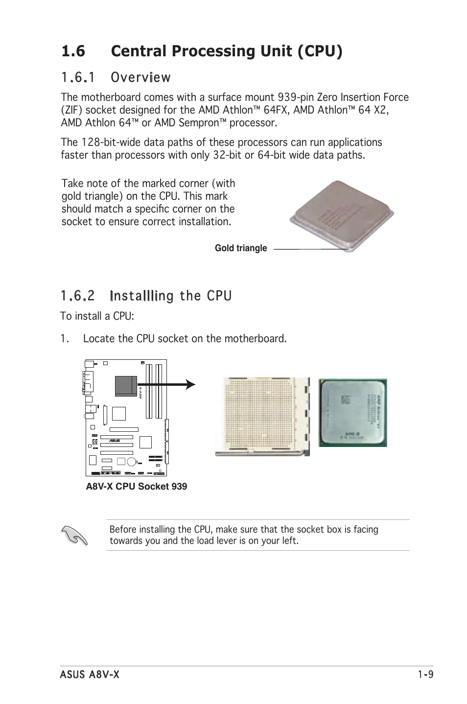 6 central processing unit (cpu), 2 installling the cpu, 1 overview | Asus A8V-X User Manual | Page 21 / 86