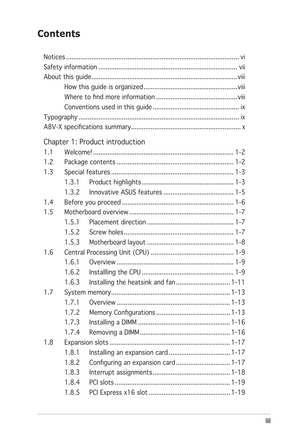 Asus A8V-X User Manual | Page 3 / 86
