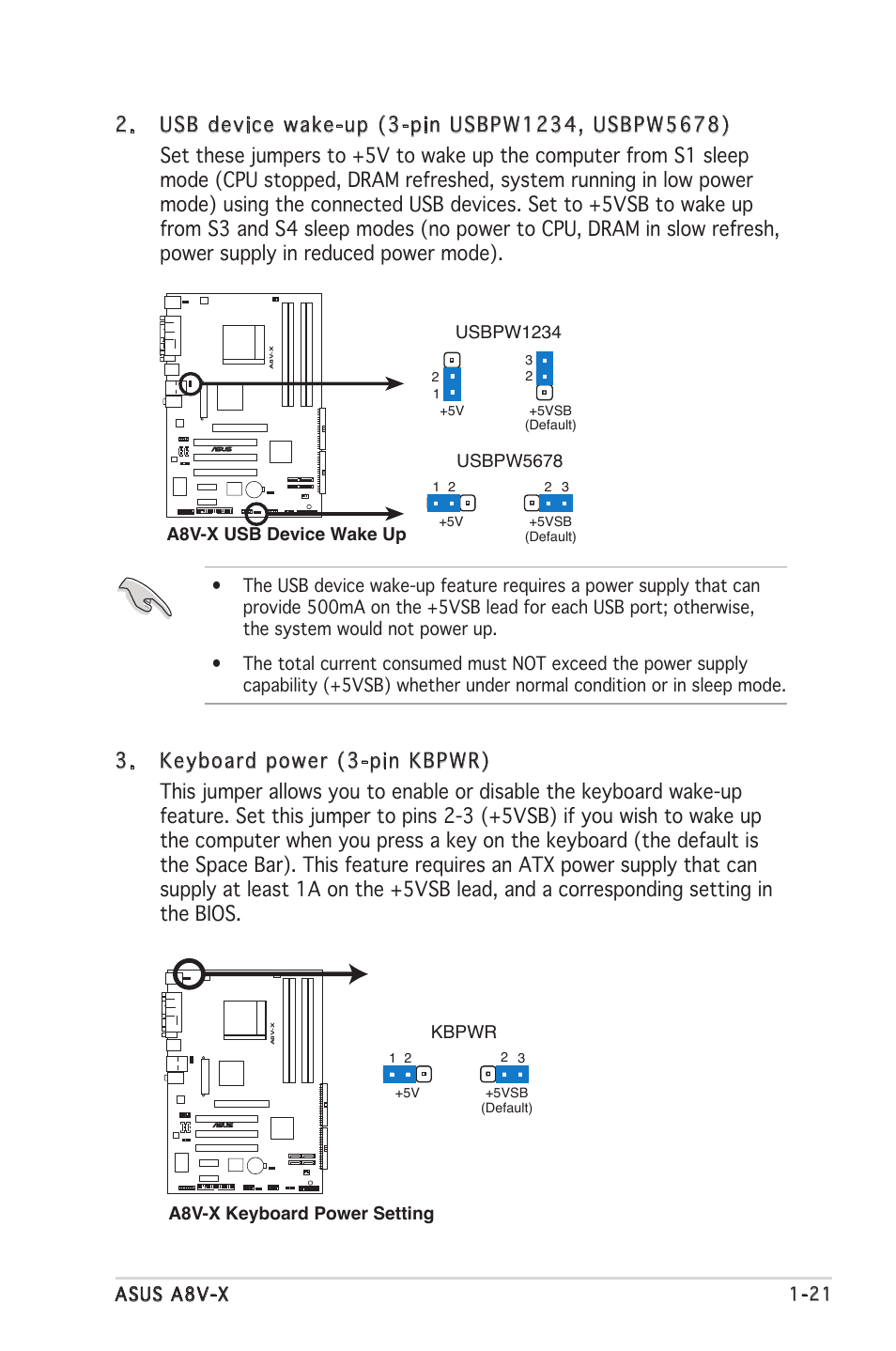 Asus a8v-x 1-21, A8v-x usb device wake up, Usbpw5678 | Usbpw1234, A8v-x keyboard power setting, Kbpwr | Asus A8V-X User Manual | Page 33 / 86