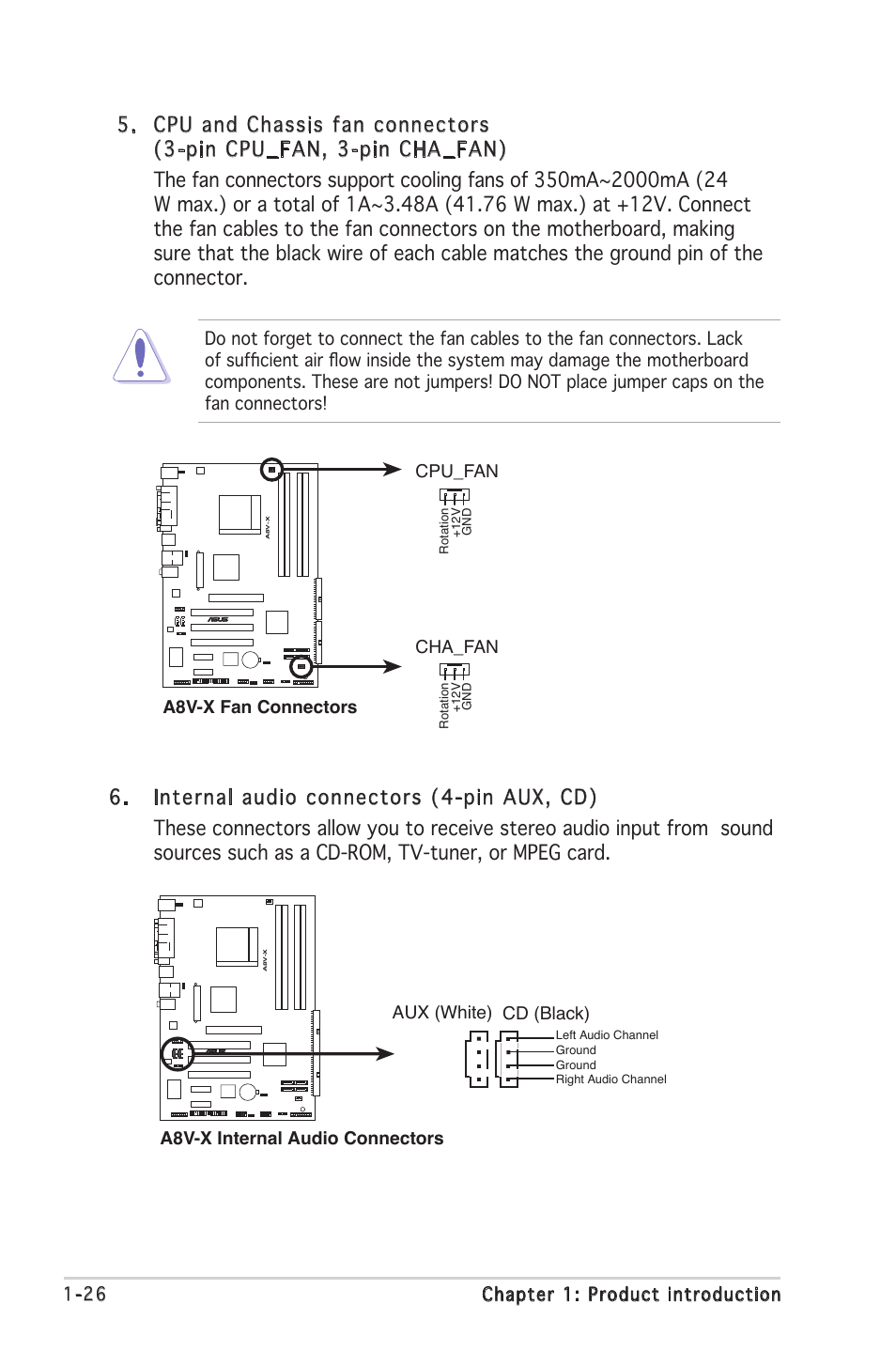 26 chapter 1: product introduction, A8v-x fan connectors cha_fan, Cpu_fan | Asus A8V-X User Manual | Page 38 / 86