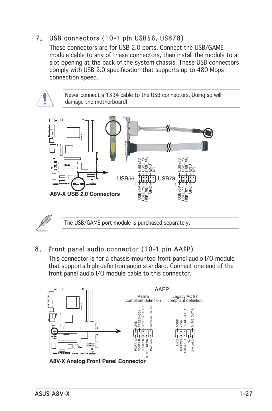 The usb/game port module is purchased separately, Usb78, A8v-x analog front panel connector aafp | Asus A8V-X User Manual | Page 39 / 86