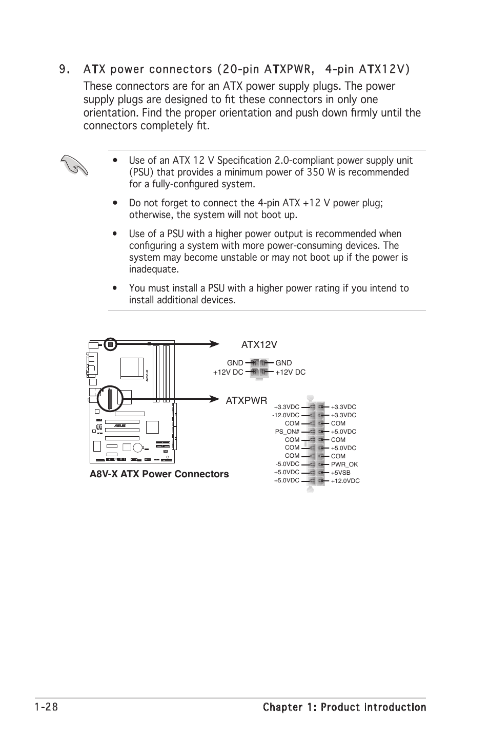 28 chapter 1: product introduction, A8v-x atx power connectors atxpwr atx12v | Asus A8V-X User Manual | Page 40 / 86