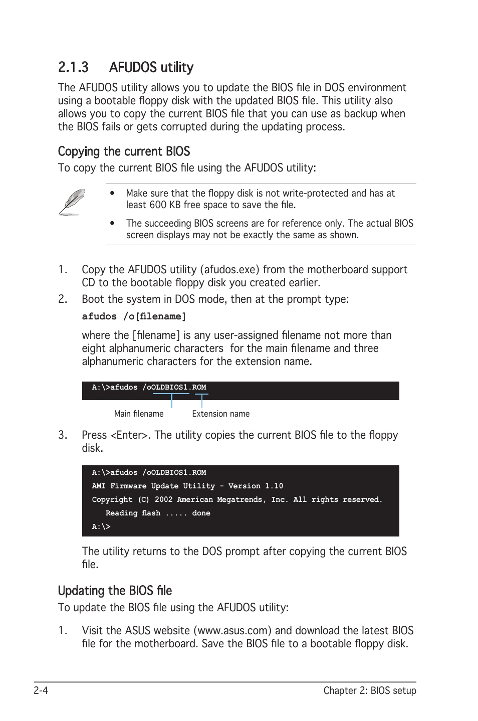 3 afudos utility, Updating the bios ﬁle, Copying the current bios | Asus A8V-X User Manual | Page 46 / 86