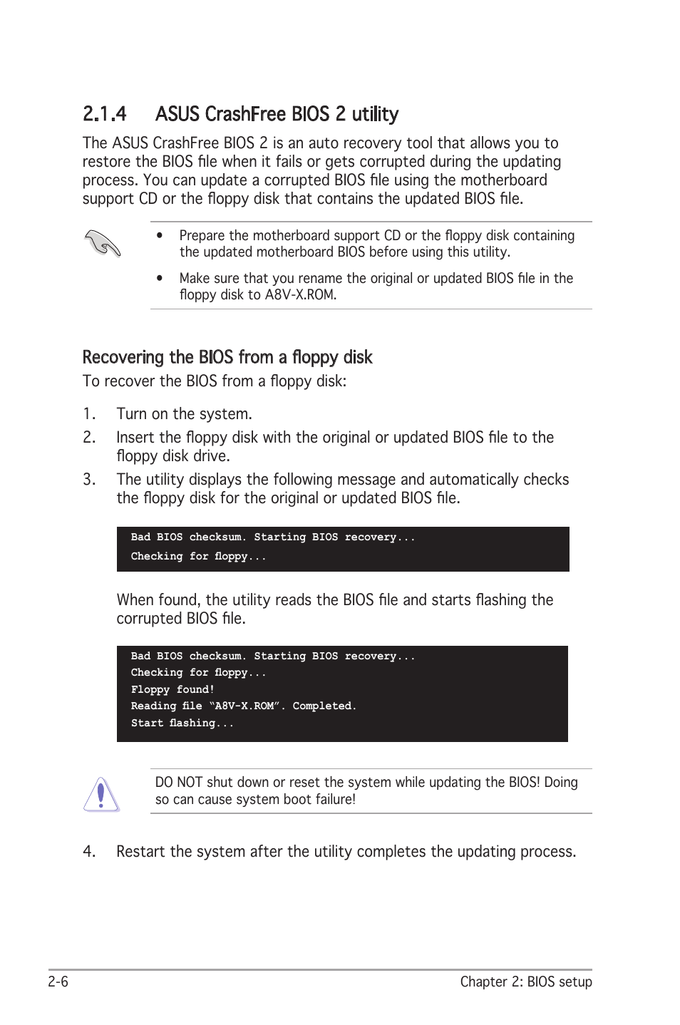 4 asus crashfree bios 2 utility, Recovering the bios from a ﬂoppy disk | Asus A8V-X User Manual | Page 48 / 86
