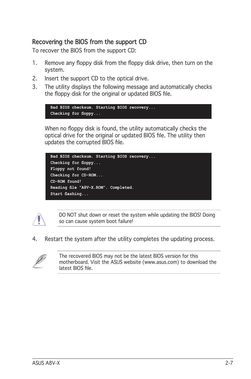 Recovering the bios from the support cd | Asus A8V-X User Manual | Page 49 / 86