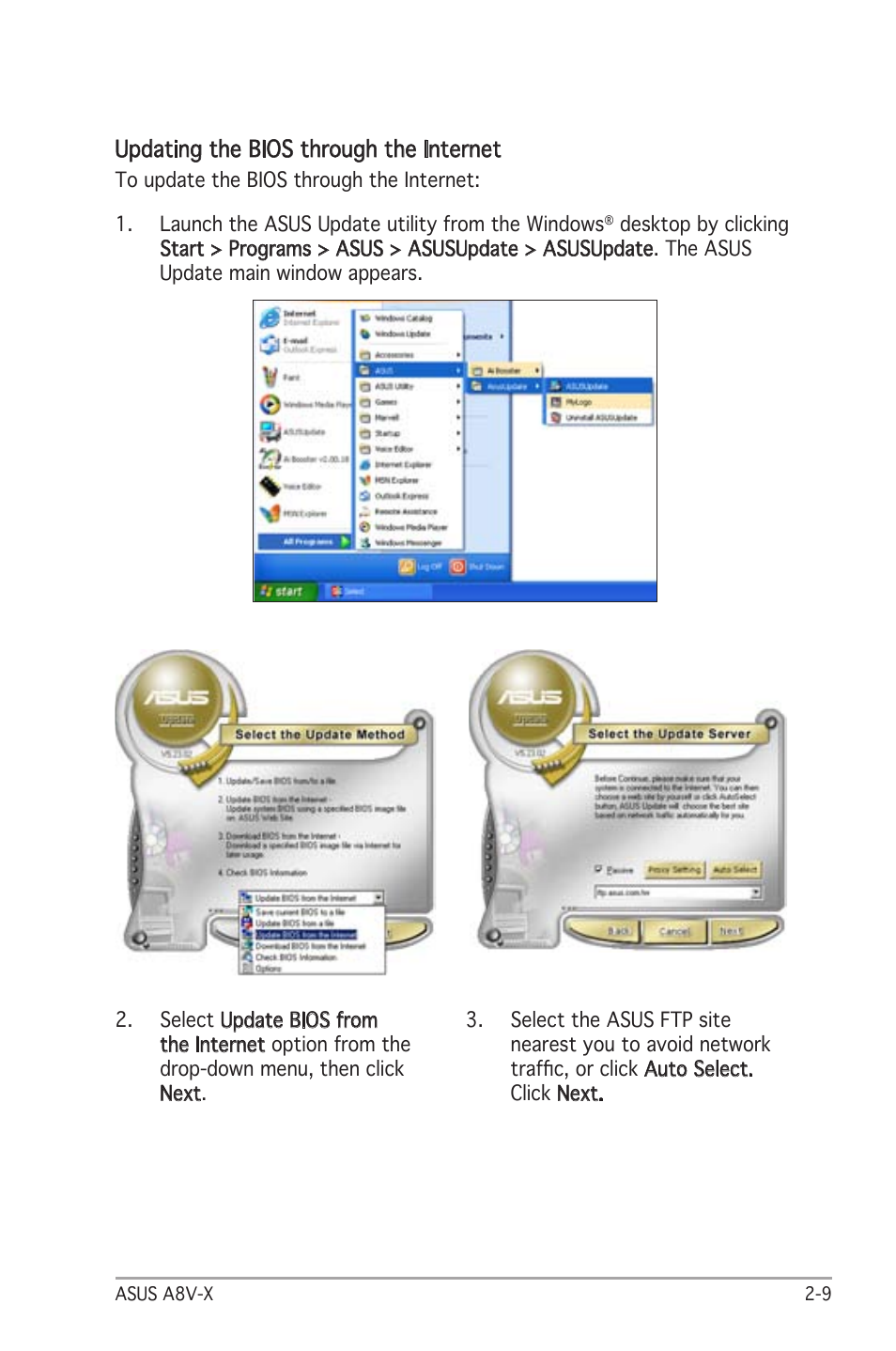 Updating the bios through the internet | Asus A8V-X User Manual | Page 51 / 86