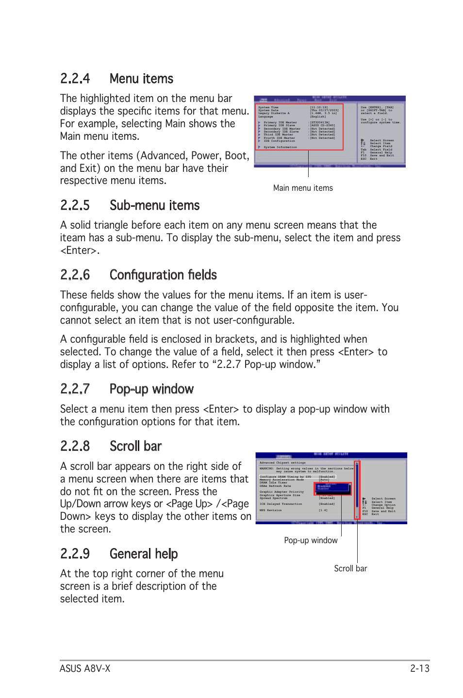 4 menu items, 5 sub-menu items, 6 conﬁguration ﬁelds | 7 pop-up window, 8 scroll bar, 9 general help, Asus a8v-x 2-13 | Asus A8V-X User Manual | Page 55 / 86
