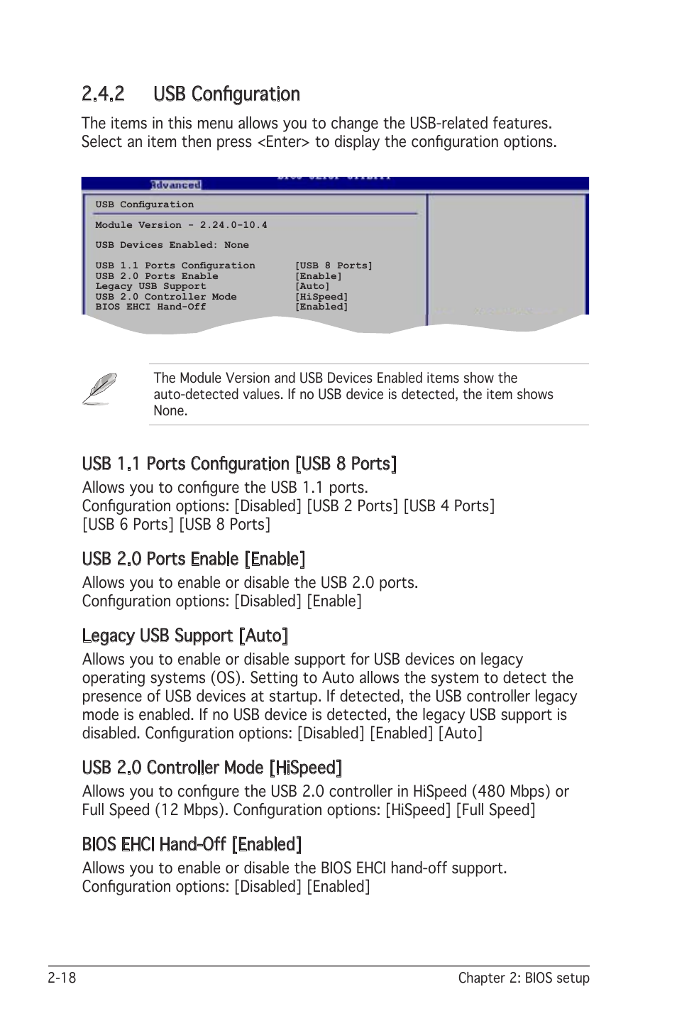 2 usb conﬁguration, Usb 1.1 ports conﬁguration [usb 8 ports, Usb 2.0 ports enable [enable | Legacy usb support [auto, Usb 2.0 controller mode [hispeed, Bios ehci hand-off [enabled | Asus A8V-X User Manual | Page 60 / 86