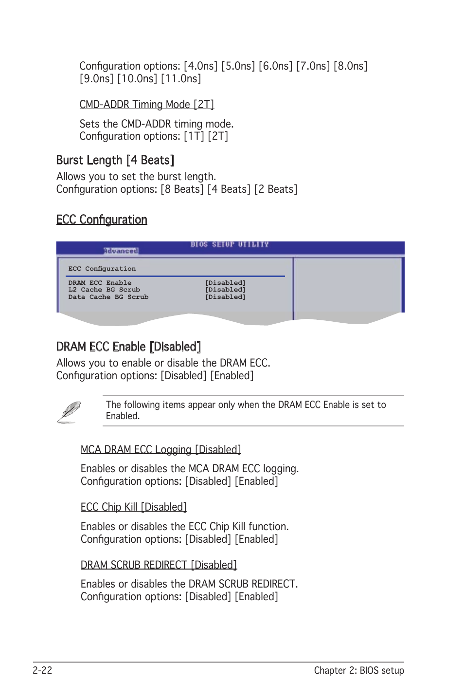 Burst length [4 beats, Ecc conﬁguration dram ecc enable [disabled | Asus A8V-X User Manual | Page 64 / 86