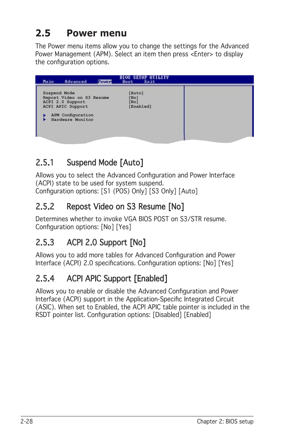 5 power menu, 1 suspend mode [auto, 2 repost video on s3 resume [no | 3 acpi 2.0 support [no, 4 acpi apic support [enabled | Asus A8V-X User Manual | Page 70 / 86
