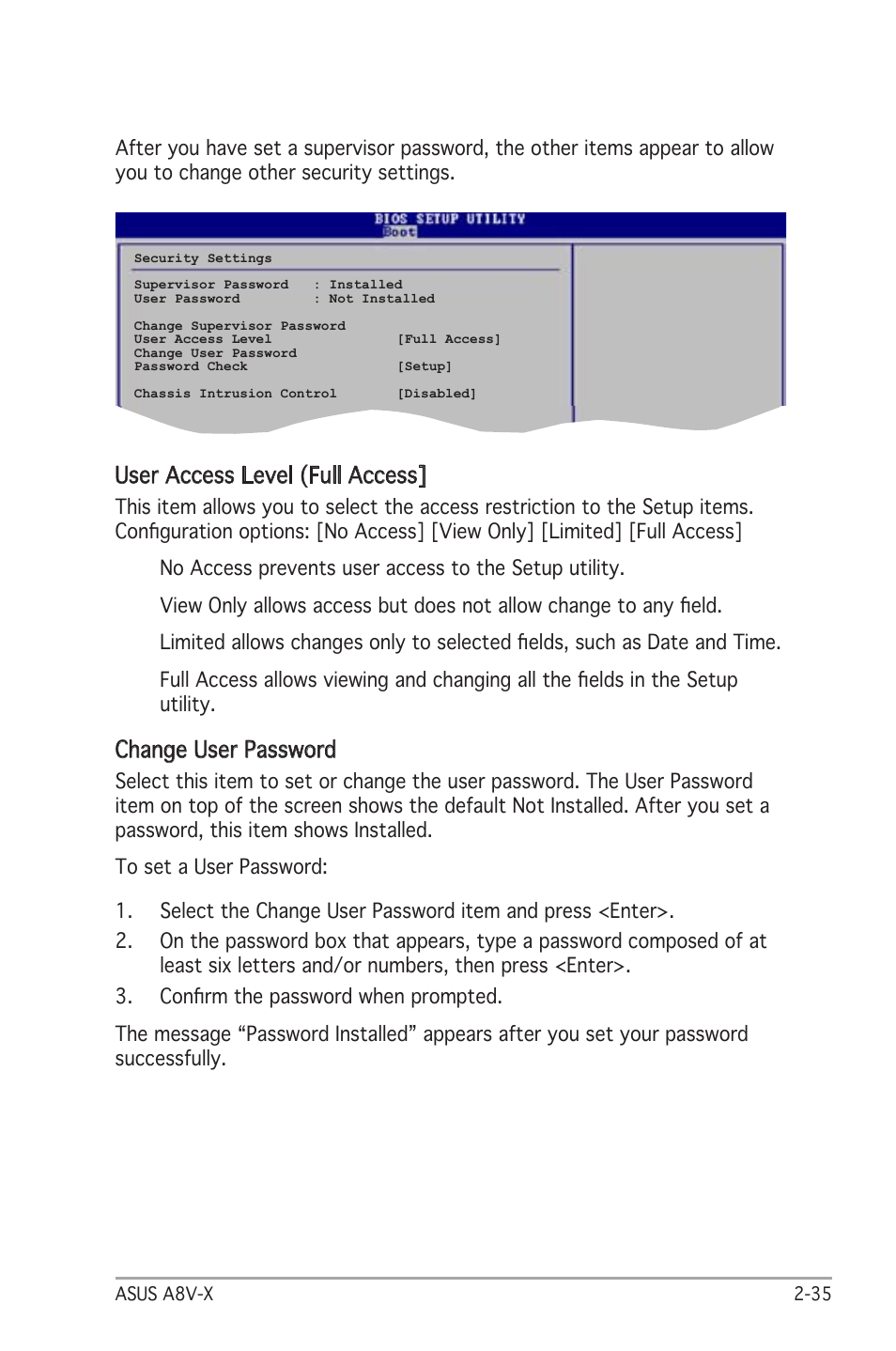 User access level (full access, Change user password | Asus A8V-X User Manual | Page 77 / 86