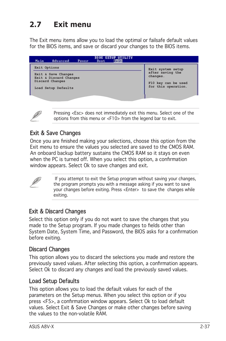 7 exit menu, Exit & discard changes, Discard changes | Load setup defaults, Exit & save changes | Asus A8V-X User Manual | Page 79 / 86