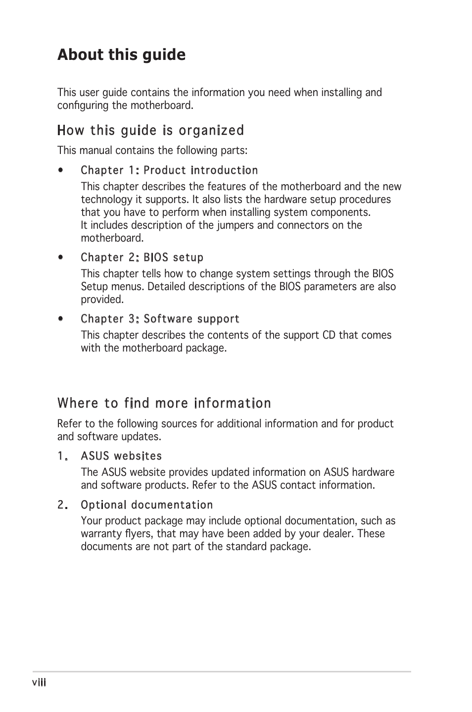 About this guide, How this guide is organized, Where to find more information | Asus A8V-X User Manual | Page 8 / 86