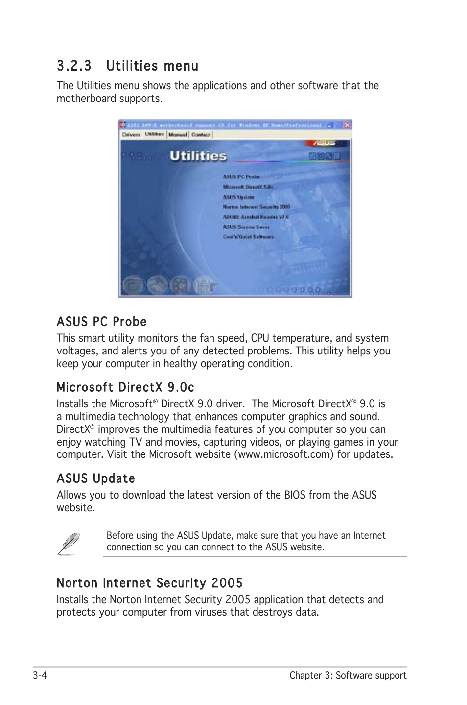 3 utilities menu, Asus pc probe, Microsoft directx 9.0c | Asus update, Norton internet security 2005 | Asus A8V-X User Manual | Page 84 / 86