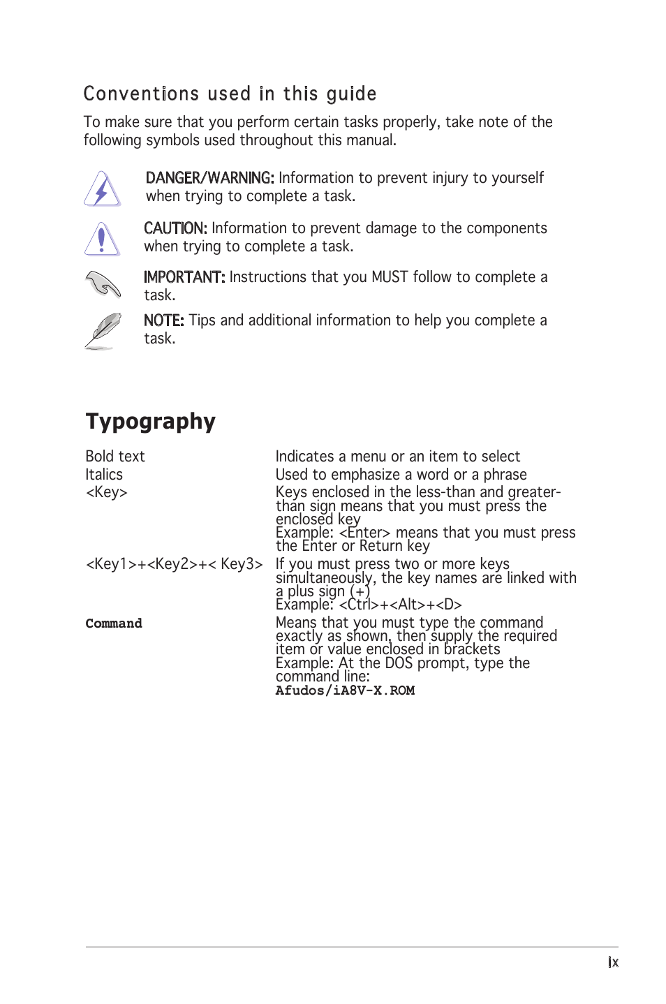 Typography, Conventions used in this guide | Asus A8V-X User Manual | Page 9 / 86