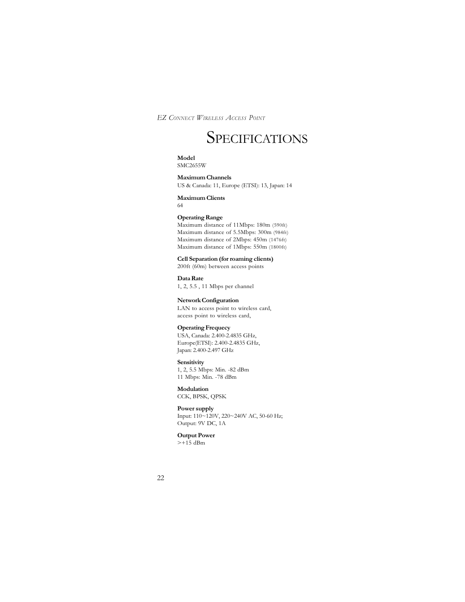 Pecifications | SMC Networks SMC2655W User Manual | Page 27 / 32