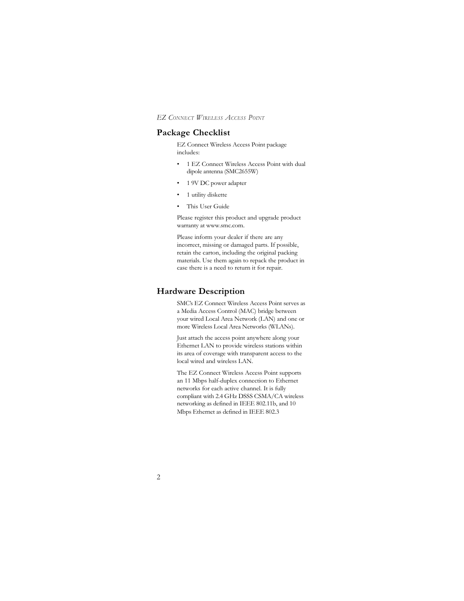 Package checklist, Hardware description | SMC Networks SMC2655W User Manual | Page 7 / 32