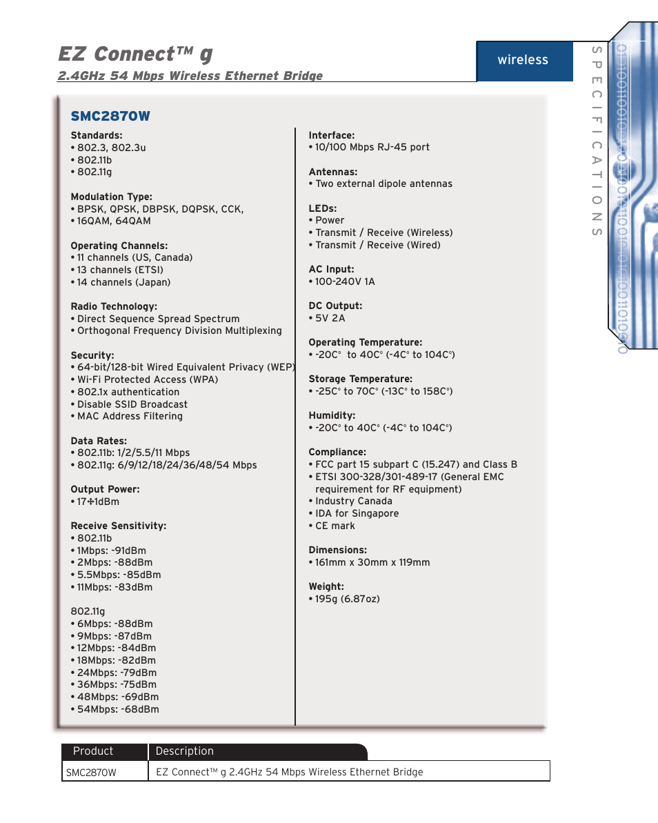 Ez connect, Wireless smc2870w, 4ghz 54 mbps wireless ethernet bridge | SMC Networks SMC EZ Connect g SMC2870W User Manual | Page 2 / 2