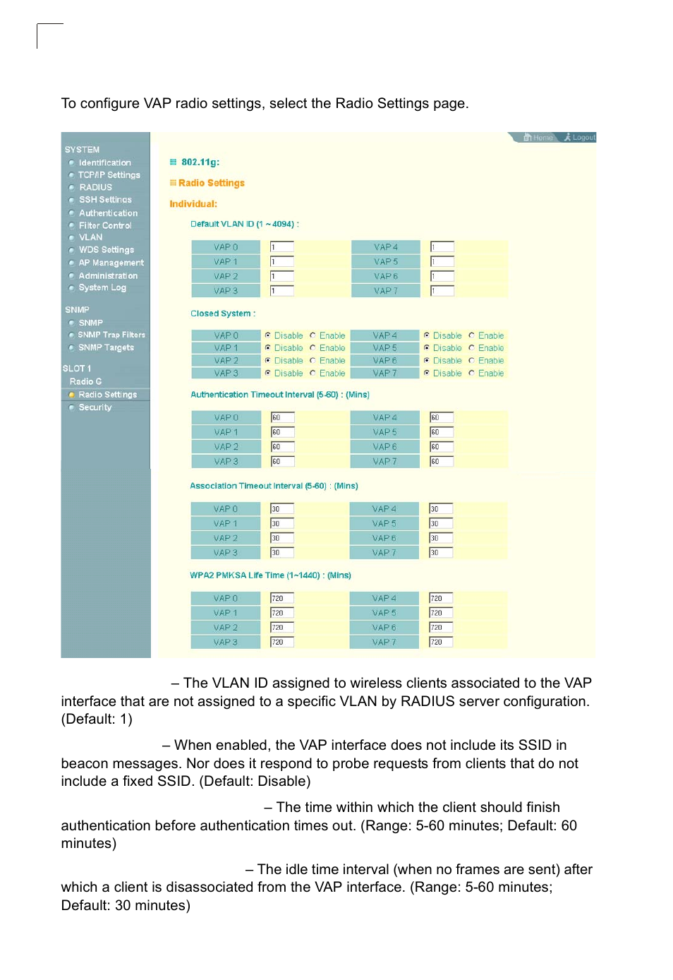 Configuring vap radio settings | SMC Networks SMC2552W-G2-17 User Manual | Page 101 / 296