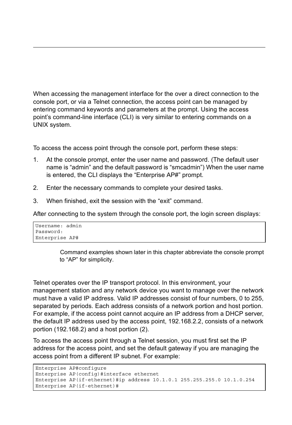 Chapter 7: command line interface, Using the command line interface, Accessing the cli | Console connection, Telnet connection | SMC Networks SMC2552W-G2-17 User Manual | Page 138 / 296