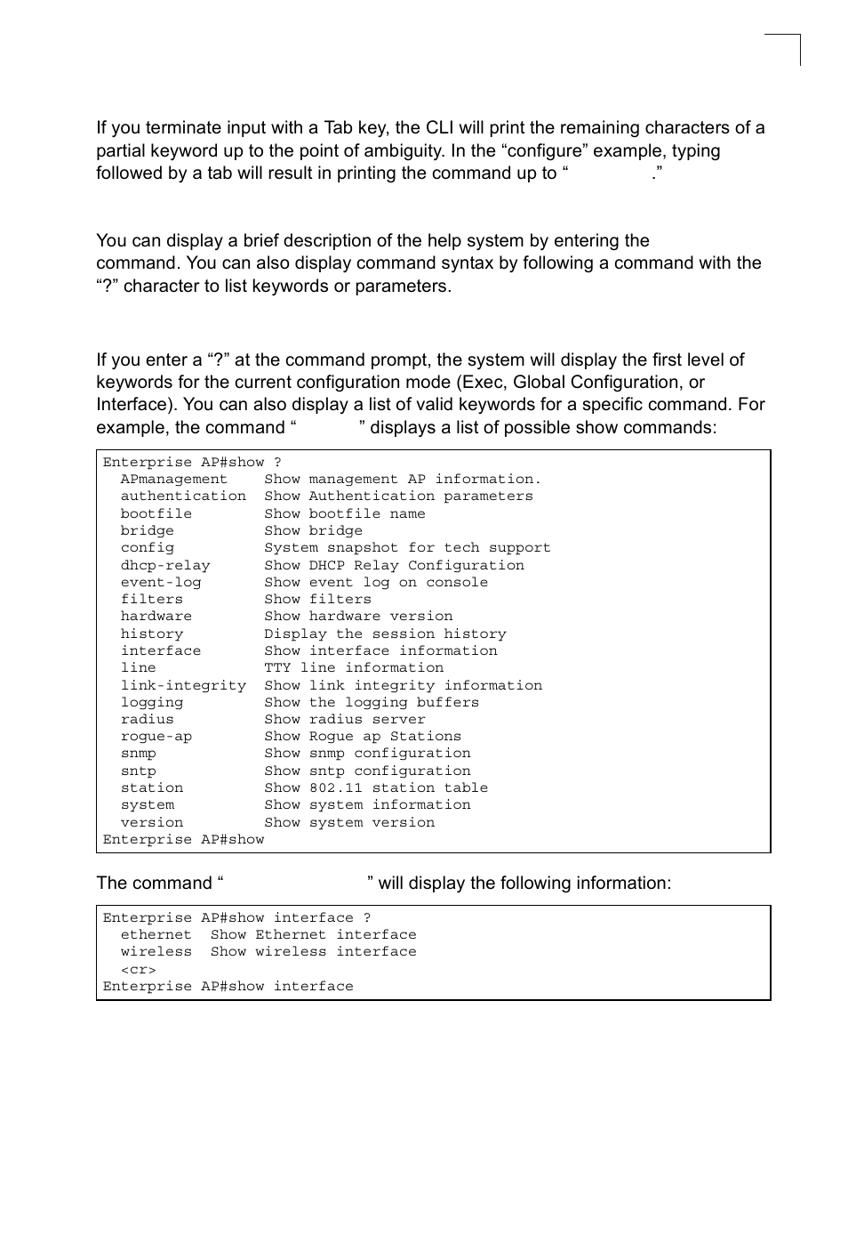 Command completion, Getting help on commands, Showing commands | SMC Networks SMC2552W-G2-17 User Manual | Page 140 / 296