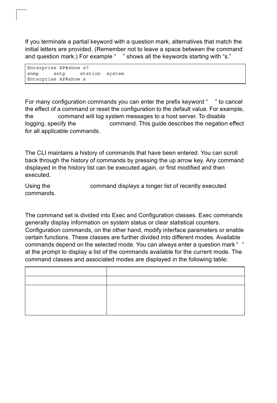 Partial keyword lookup, Negating the effect of commands, Using command history | Understanding command modes | SMC Networks SMC2552W-G2-17 User Manual | Page 141 / 296