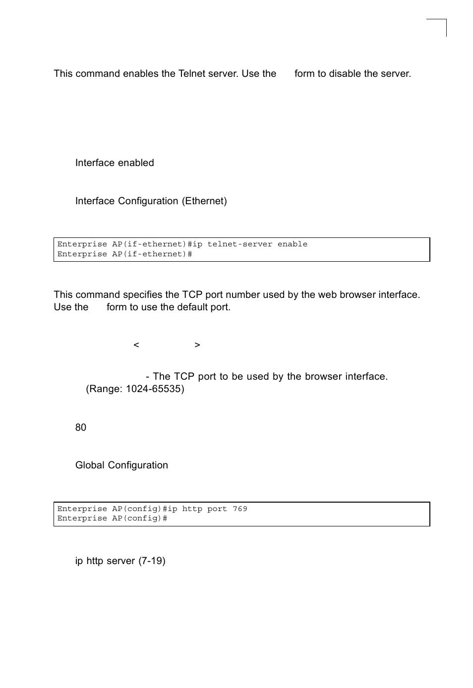 Ip telnet-server enable, Ip http port | SMC Networks SMC2552W-G2-17 User Manual | Page 154 / 296