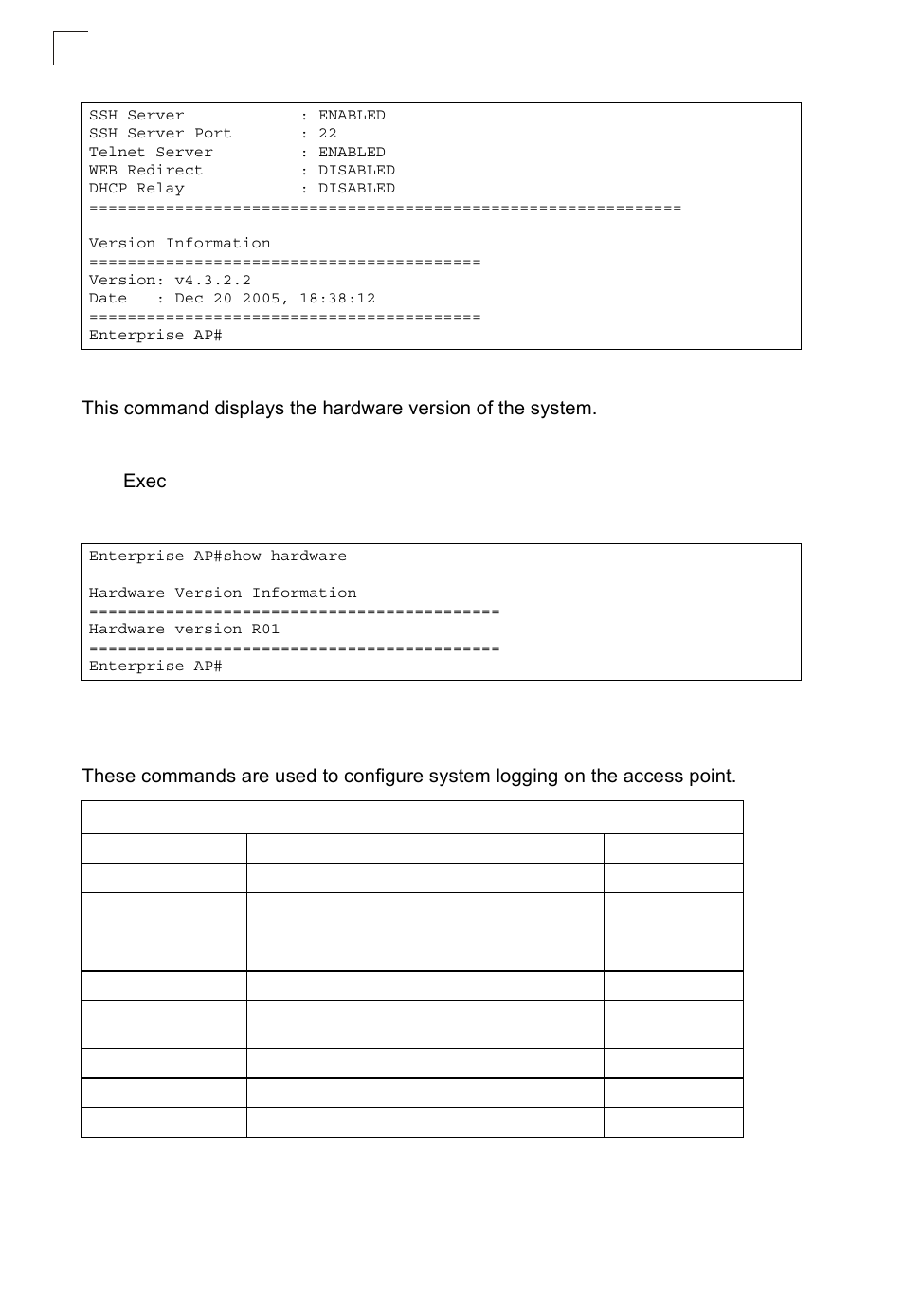 Show hardware, System logging commands | SMC Networks SMC2552W-G2-17 User Manual | Page 165 / 296