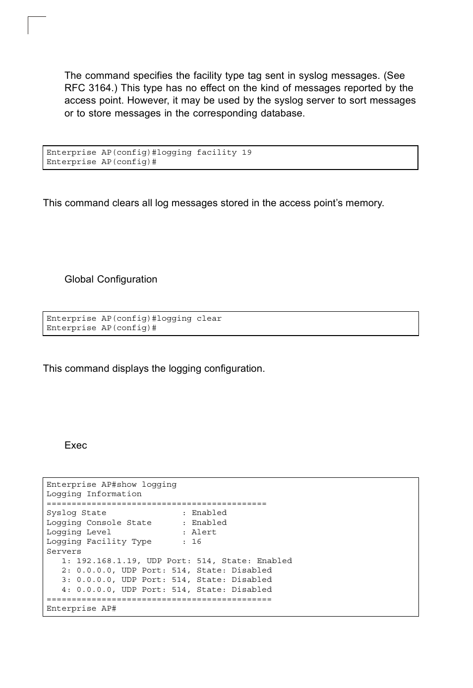 Logging clear, Show logging | SMC Networks SMC2552W-G2-17 User Manual | Page 169 / 296