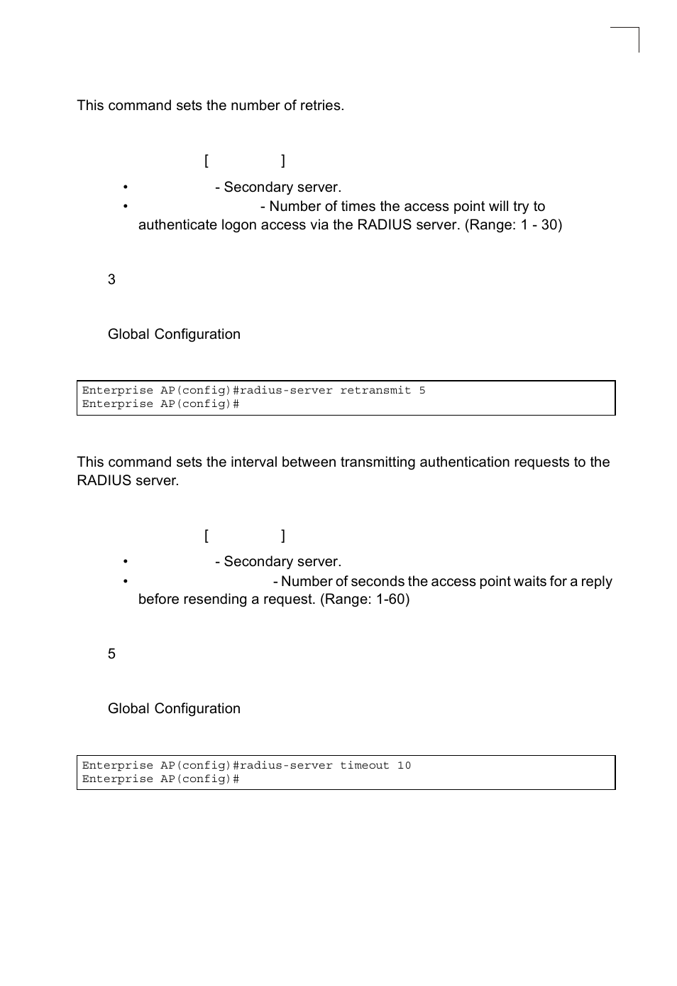 Radius-server retransmit, Radius-server timeout | SMC Networks SMC2552W-G2-17 User Manual | Page 198 / 296