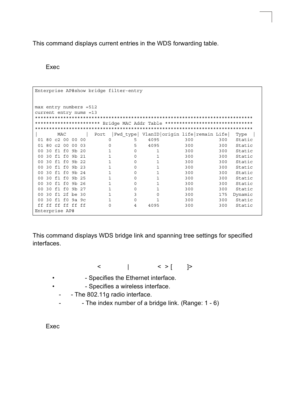 Show bridge filter-entry, Show bridge link | SMC Networks SMC2552W-G2-17 User Manual | Page 218 / 296