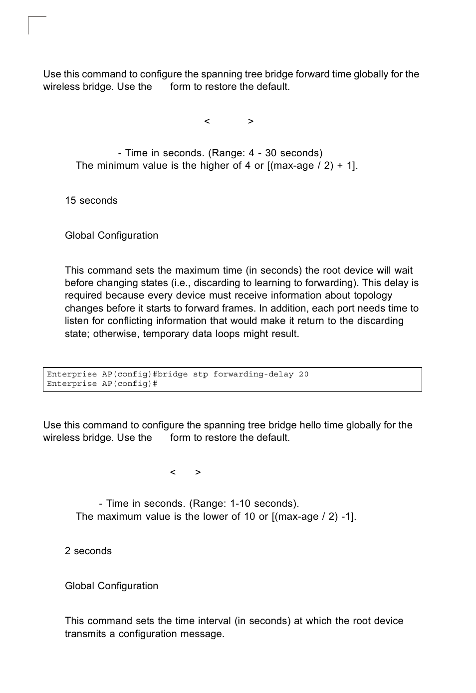 Bridge stp forwarding-delay, Bridge stp hello-time | SMC Networks SMC2552W-G2-17 User Manual | Page 221 / 296