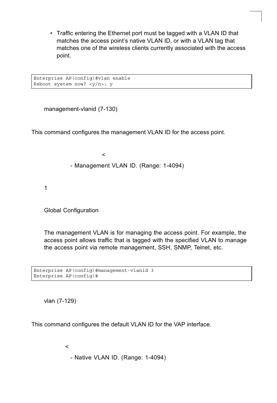 Management-vlanid, Vlan-id, Management-vlanid 7-129 vlan-id 7-129 | SMC Networks SMC2552W-G2-17 User Manual | Page 266 / 296