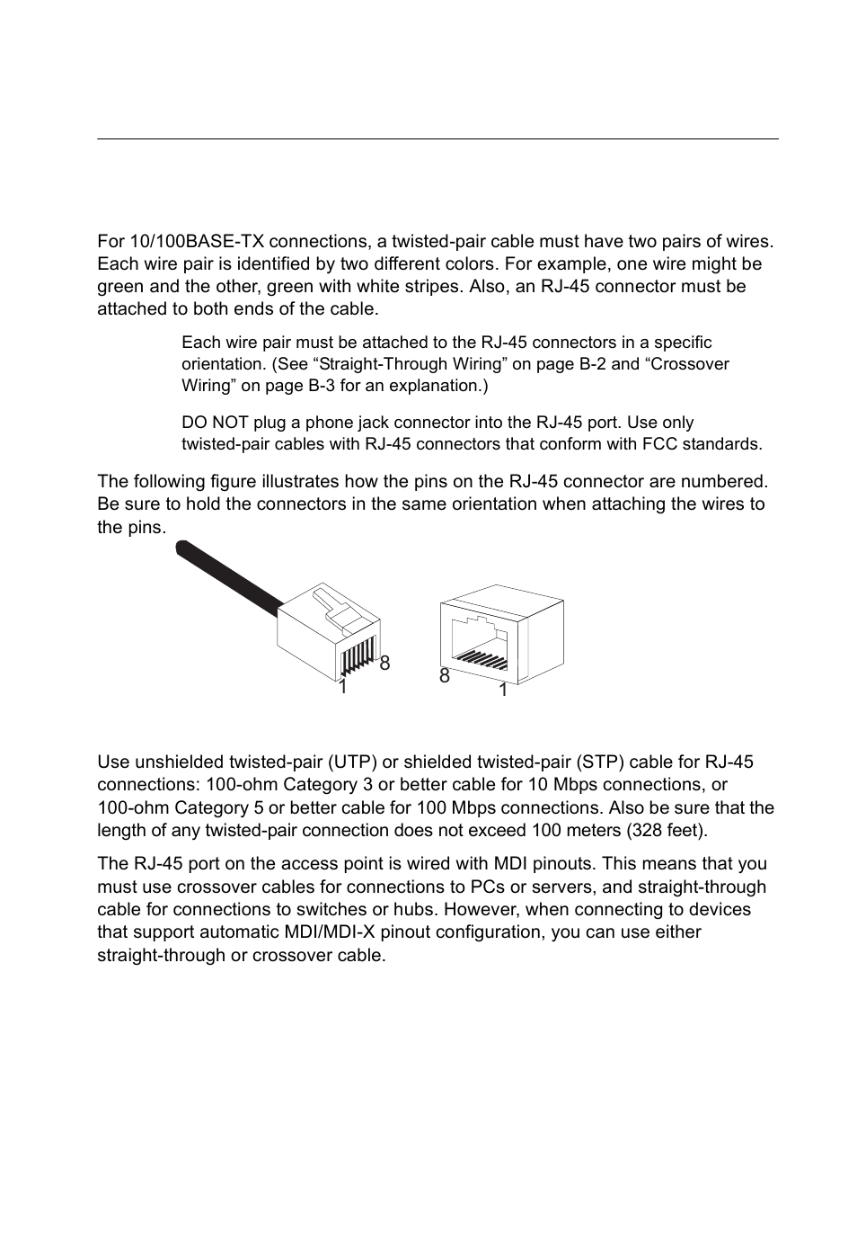 Appendix b: cables and pinouts, Twisted-pair cable assignments, 10/100base-tx pin assignments | SMC Networks SMC2552W-G2-17 User Manual | Page 274 / 296