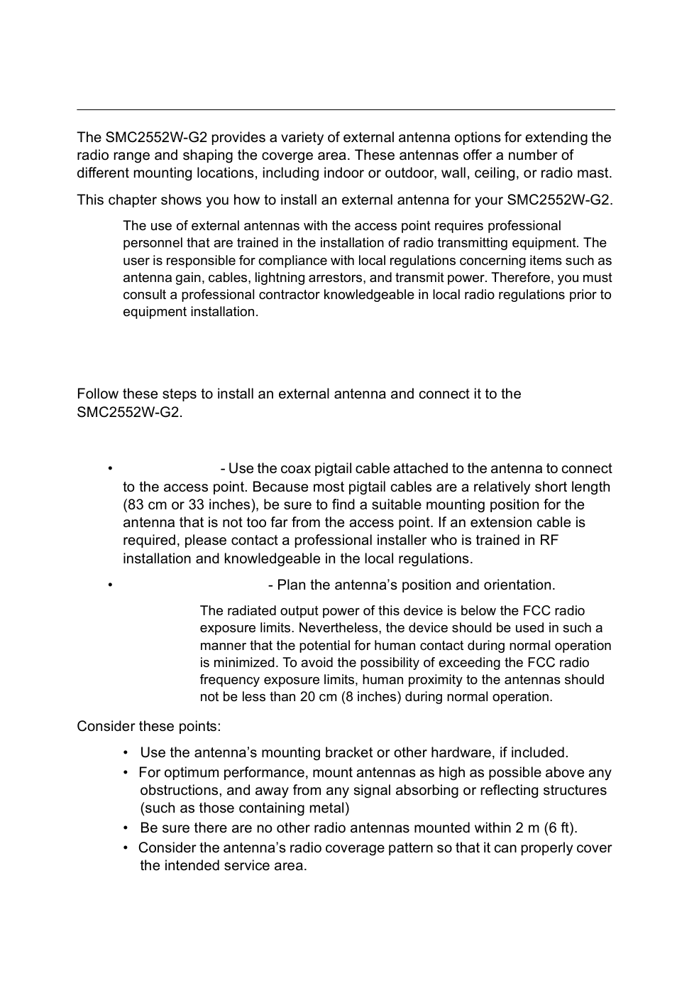 Chapter 3: external antennas, Installation procedures | SMC Networks SMC2552W-G2-17 User Manual | Page 34 / 296