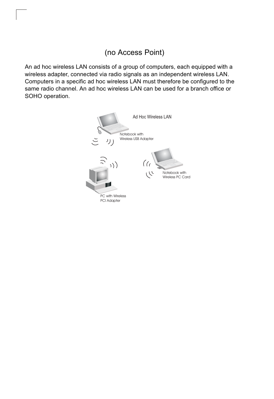 Network topologies, Ad hoc wireless lan (no access point) | SMC Networks SMC2552W-G2-17 User Manual | Page 39 / 296