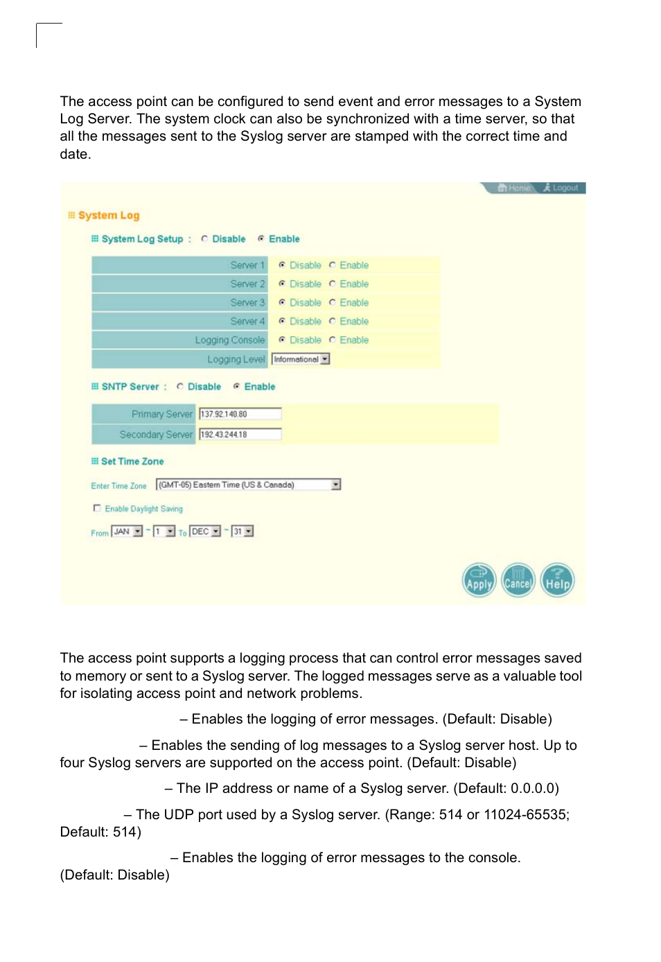 System log, Enabling system logging | SMC Networks SMC2552W-G2-17 User Manual | Page 79 / 296