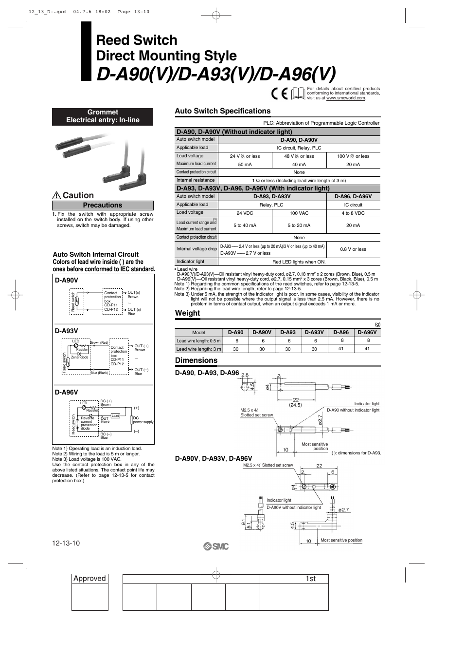 D-a90(v)/d-a93(v)/d-a96(v) direct mounting style, Reed switch direct mounting style, Caution | Auto switch specifications, Weight, Dimensions, Grommet electrical entry: in-line, Precautions, D-a90, d-a90v (without indicator light) | SMC Networks Reed Switch Solid State Switches User Manual | Page 10 / 27
