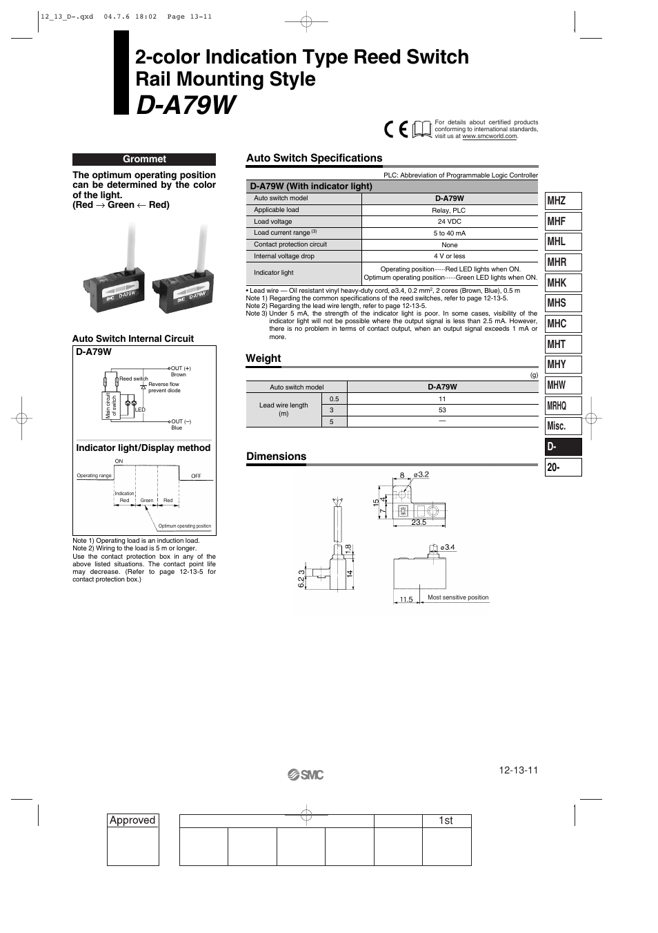 Color indication type, D-a79w rail mounting style, D-a79w | Auto switch specifications weight dimensions | SMC Networks Reed Switch Solid State Switches User Manual | Page 11 / 27