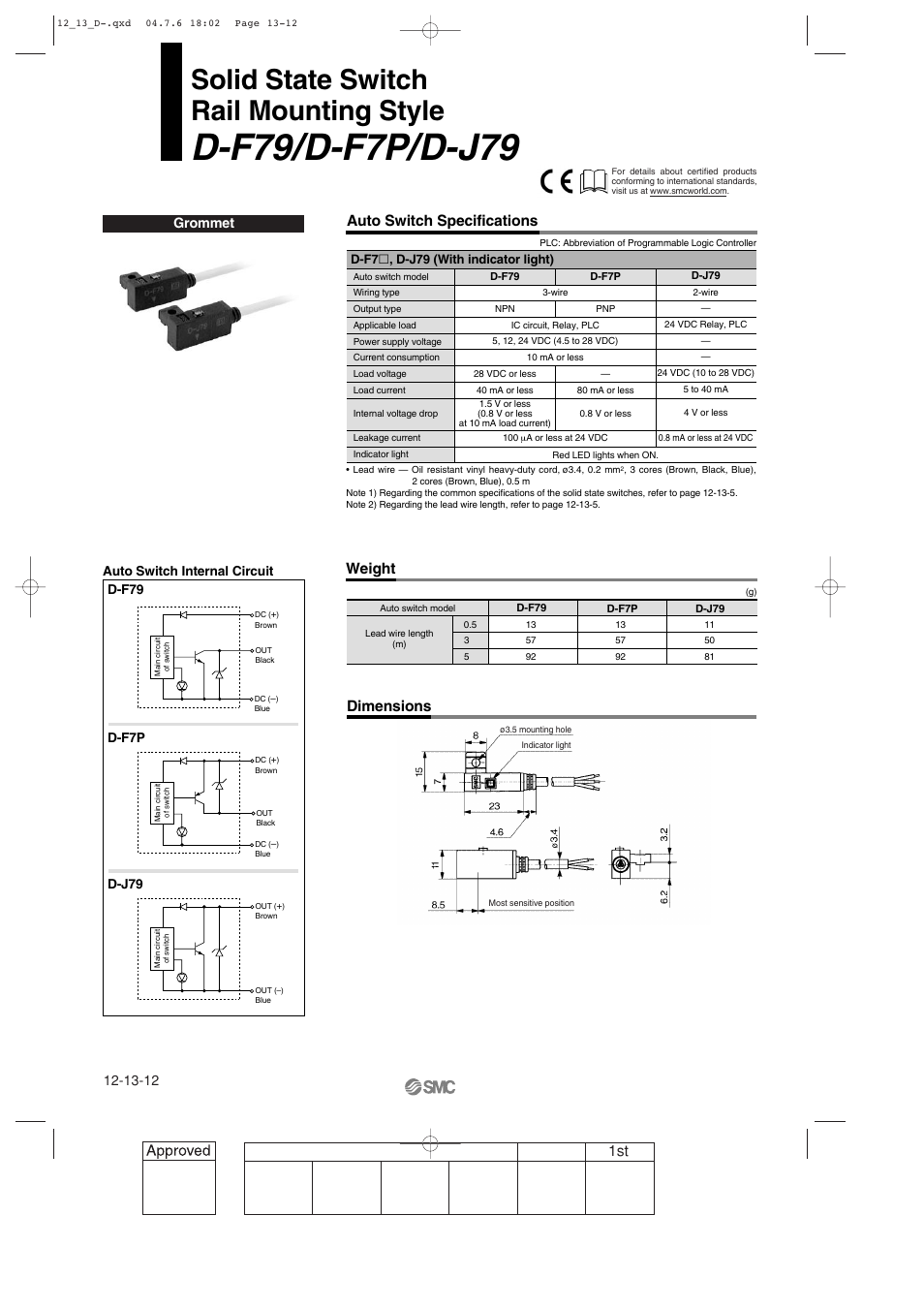 Solid state switch, General purpose type, D-f79/d-f7p/d-j79 rail mounting style | Solid state switch rail mounting style, Auto switch specifications weight dimensions, Grommet | SMC Networks Reed Switch Solid State Switches User Manual | Page 12 / 27