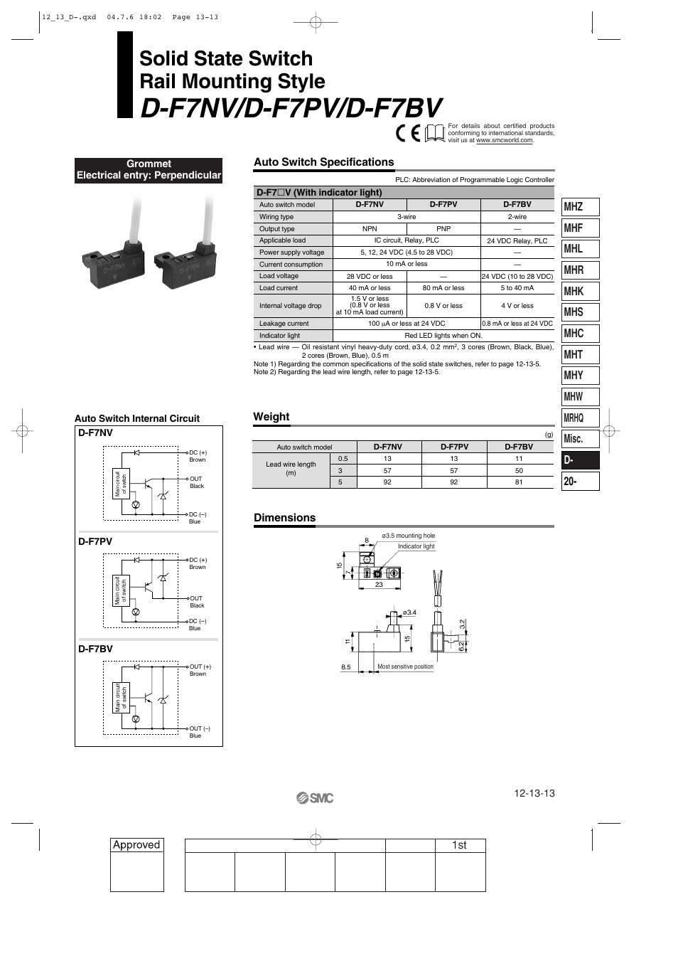 D-f7nv/d-f7pv/d-f7bv rail mounting style, D-f7nv/d-f7pv/d-f7bv, Solid state switch rail mounting style | Auto switch specifications, Weight, Dimensions, Grommet electrical entry: perpendicular | SMC Networks Reed Switch Solid State Switches User Manual | Page 13 / 27