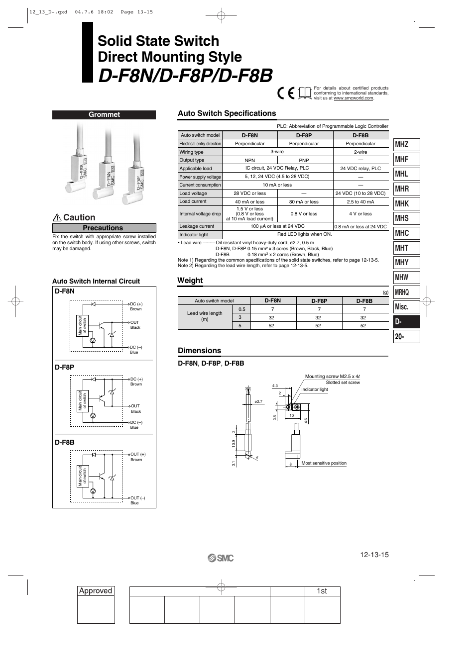 D-f8n/d-f8p/d-f8b direct mounting style, D-f8n/d-f8p/d-f8b, Solid state switch direct mounting style | Caution, Auto switch specifications, Weight, Dimensions, Grommet, Precautions | SMC Networks Reed Switch Solid State Switches User Manual | Page 15 / 27