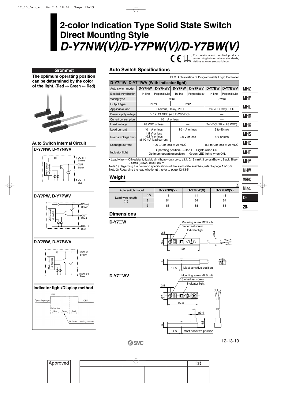 D-y7nw(v)/d-y7pw(v)/d-y7bw(v), Auto switch specifications, Weight | Dimensions, Grommet | SMC Networks Reed Switch Solid State Switches User Manual | Page 19 / 27
