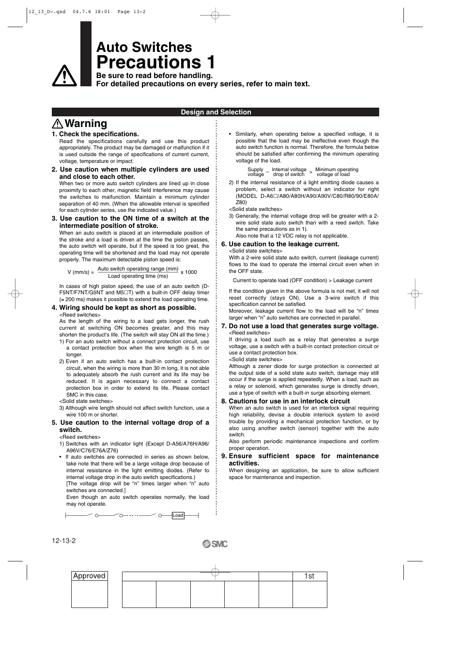 Precautions, Precautions 1, Auto switches | Warning | SMC Networks Reed Switch Solid State Switches User Manual | Page 2 / 27