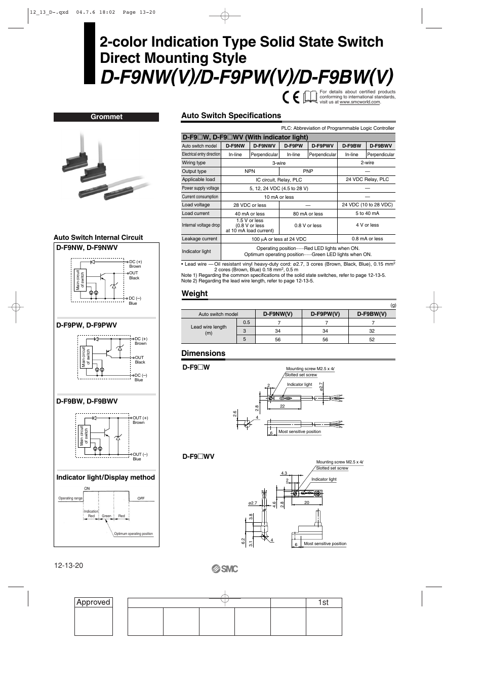 D-f9nw(v)/d-f9pw(v)/d-f9bw(v), Auto switch specifications, Weight | Dimensions, Grommet, D-f9  w, d-f9  wv (with indicator light), D-f9 २ wv d-f9 २ w indicator light/display method | SMC Networks Reed Switch Solid State Switches User Manual | Page 20 / 27